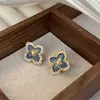 Diseño de Nicho Europeo y Americano Luz Dorada Trébol de Cuatro Hojas Esmalte Azul Estilo Palacio Retro Pendientes de Aguja de Plata 925 Pendientes