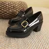 Zapatos de Cuero de Tacón Alto Estilo Británico para Mujer, Nuevo Modelo 2024, Mocasines sin Cordones con Tacón Grueso, Suelas Gruesas y Hebilla Pequeña Dorada