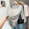 Nueva camiseta de punto fino acanalado de verano diseño estilo coreano para mujer, corte ajustado, versátil, cuello redondo, manga tres cuartos
