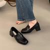 Mocassins Pretos, Bico Quadrado, Slip-Ons Preguiçosos, Sapatos de Couro Pequenos de Salto Alto Grosso, Sapatos Versáteis Franceses Mary Jane para Mulheres, Saltos Médios