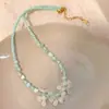 Colar de Flores Verde Menta Fresco de Verão com Contas para Mulheres, Corrente de Clavícula Choker Versátil de Estilo Cool de Nicho para Mulheres