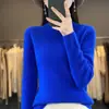 Suéter de punto sin costuras de una sola pieza 100% lana con cuello semialto acanalado, suéter de manga larga de color liso para mujer, camiseta base de punto