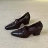 Piel de oveja~ Mocasines de estilo commuter de cuero genuino con punta y tacón grueso para mujer, sin cordones, versátiles, cómodos, planos franceses de tacón alto