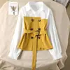 Camisa Feminina 2024 Coreana Nova Outono Falso Duas Peças Top Costura Solta Gola POLO Camisa com Alça Estilosa