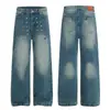 L831 Estilo High Street Americano Unisex Gama Alta Azul Lavado Remache Diseño Metálico Jeans Rectos Holgados para Hombre