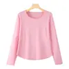 Nuevo top de otoño de punto acanalado con cuello redondo y manga larga, moda simple y elegante, cómoda camiseta básica con dobladillo curvo, color liso para mujer
