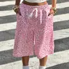 Calça Cropped Rosa Leopardo Doce Cool Estilo Americano Y2K, Cintura Alta com Cordão, Solta, Perna Larga, Street Casual Esportiva Calça de Moletom