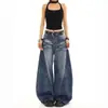 Jeans americano retrô com aspecto desgastado para mulheres, novo lançamento verão 2026, calça reta de cintura alta, perna larga, comprimento total, moderna