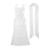 Vestido de Satén Estilo Francés, Cuello Halter, Cuello Cuadrado, Cintura Fruncida, Adelgazante, Bodycon, Vestido Sirena, Disponible en Múltiples Colores, Mayoreo