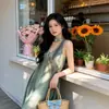 Vestido de Verano para Mujer, Estilo Francés, sin Mangas, de Tirantes Finos, Cuello Halter en V, Temperamento Puro y Atractivo, Estilo Vacaciones en la Playa, Transparente Largo de Corte A