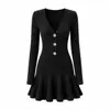 Vestido corto de punto con cuello en V y bajo de volantes para mujer, vestido de línea A ajustado de Amazon, vestido elegante de color liso