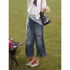 Jeans Rasgado Cropped Estiloso para Primavera e Verão Feminino, Tamanho Grande, Caimento Solto, Calça Reta de Perna Larga Emagrecedora com Efeito Desgastado