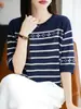 Top de punto base para mujer, de verano, con cuello redondo, rayas, manga corta, seda de hielo fina, estilo retro francés, holgado, adelgazante, versátil