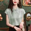 Melhores Tops Cheongsam de Manga Curta, Camisas Femininas de Seda Estilo Chinês para o Verão, Camisas de Cetim de Acetato, Novas Camisas de Estilo Chinês para Mulheres