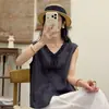 2026 Nuevo Chal de Algodón y Lino con Cuello en V y Ribete de Encaje, Sin Mangas de Verano Artístico Ajustado Versátil Holgado Elegante Camisa Top