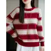 Suéter de Tricô Gola Redonda Espesso Fio 7 Lã Pura Outono/Inverno 2026 Manga Longa Vazado Color Block Camisa Base