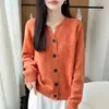 Cárdigan de punto de hilo floral estilo coreano suave 100% lana para mujer, abrigo suéter abotonado de cuello en V para otoño e invierno, top holgado