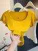 Camiseta corta de manga corta con volantes estilo francés para mujer, pura y seductora, corte ajustado, cuello cuadrado, de alta gama, top versátil y moderno