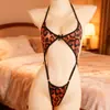 Lingerie Sexy com Estampa de Leopardo Confortável Conjunto de Lingerie Sexy de Três Peças com Alça Halter Peça Única de Lingerie Sexy com Estampa de Leopardo
