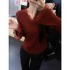 Deseo Puro Cuello en V Encaje Manga Larga Camiseta Tejida Otoño e Invierno Elegante Ajustada Adelgazante Camiseta Base Interior