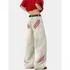 Jeans patchwork a rayas rojas estilo retro americano para hombre, marca de moda, estilo streetwear moderno, pantalones rectos lavados