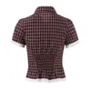 Conjunto de dos piezas a cuadros rojos vintage con encaje, blusa entallada a la cintura con lazo, minifalda de tiro bajo, atuendo estilo colegiala hot girl