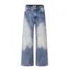 Jeans Lavados Azul Retro Americano 11KN para Hombres y Mujeres Sueltos Desgastados Bigotes de Gato Decolorados Modernos Casuales Pierna Recta Pierna Ancha