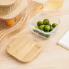 Lonchera de vidrio con rayas verticales y tapa de bambú, recipiente rectangular sellado para almacenamiento de alimentos, apto para microondas, caja para conservación de alimentos