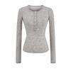 Camiseta de Manga Longa com Fivela de Colarinho Henry Estilo Americano Feminina Primavera e Verão Nova Leve Microtransparente Slim-fit Camisa Base Top