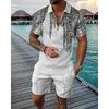 Comercio Transfronterizo Moda Tallas Grandes Cremallera Malla Camisa Polo Traje Impresión Digital 3D Ajustado Conjunto de Dos Piezas para Hombre