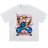 Camiseta com estampa de quadrinhos clássica, estilo high-street, acabamento lavado e desgastado, corte solto oversized, versátil de anime com manga curta, transfronteiriço