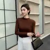 Llegada de Otoño para Mujer Cuello Alto Capa Base Versátil Adelgazante Tejido de Punto Cepillado por Ambos Lados Ajustado Top de Manga Larga
