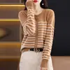 Novo estilo de primavera 100% lã tricotado cor sólida bloco de cores listrado cardigan vintage, jaqueta top elegante e versátil para mulheres