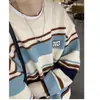 Suéter Tejido de Punto Pulóver de Cuello Redondo de Moda Estilo Perezoso Holgado Estilo Americano Suéter de Contraste Rayado Abrigo Superior Estilo Japonés