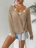 Top Jersey de Punto con Cuello en V para Mujer, Blusa con Aberturas, Camisa Exterior con Lazo de Tirantes, Suéter Suelto con Empalme de Flores Tejidas a Mano para Mujer