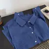 Camisa polo xadrez azul de manga comprida para mulheres, novo estilo coreano vintage de outono, versátil, solta, com botões