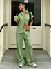 Nuevo Estilo Transfronterizo Europeo y Americano 2026: Conjunto Casual de Dos Piezas: Camisa de Manga Corta con Cuello Campana Abotonada y Pantalones de Pierna Ancha Elásticos de Cintura Alta