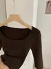 Suéter de Punto KEKEZOON Cuello Cuadrado Hombros al Descubierto Color Sólido Ajustado Manga Media para Mujer Estilo Coreano Puro Deseo 8758