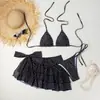 Bikini retro de lunares de tres piezas para comercio exterior transfronterizo, traje de baño sexy de dos piezas sin espalda con falda corta y bragas de triángulo en negro