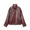 Jaqueta de couro PU oversized gola alta estilo europeu e americano para mulheres, estilo de rua casual solto, casaco curto versátil estilo motociclista
