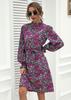 Um grande número de roupas femininas europeias e americanas transfronteiriças de outono e inverno, vestido com gola alta e manga lanterna, saia em linha A com renda floral