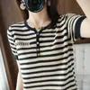 Primavera Verão Novo Tricô de Algodão Puro Estilo Coreano Meio Aberto Gola Redonda Tira de Botões Colorida Listrado Versátil Blusa Top de Bloco de Cor Simples Transfronteiriço