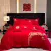 Conjunto de Quatro Peças para Casamento, Colcha Vermelha de Casamento para Recém-Casados, Lençol de Cama para Quarto de Casamento, Capa de Colcha, Lençol com Elástico, Roupa de Cama para Celebração de Casamento