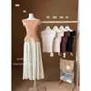 Liquidación, Sin Devoluciones ni Cambios. Moda Verano Estilo Coreano Ajustado, Adelgazante Botones Diseño Hombros Descubiertos Manga Corta Tejido Top 16357