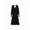 Vestido de Cashmere Liso Elegante com Decote V para Mulheres 2026, Vestido Tricô Vintage com Decote Cruzado, Vestido Base de Malha A-line Acima do Joelho