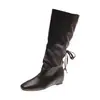 Botas vaqueras retro de ante para mujer, otoño/invierno, nuevas, a la moda, botas altas con tacón oculto, botas de tacón apilado estilo francés