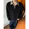 Sudadera con Patrón de Espiga de Trigo Texturizada, Falso Dos Piezas, Patchwork de Cuadros, para Hombre, Otoño, Holgada, Casual, Cuello Solapa, Jacquard, Jersey