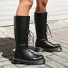 Tamanhos 35-48 Botas Femininas de Salto Médio para Outono e Inverno, Sapatos Femininos de Couro Patente Cross-Border, Bico Redondo, Sola Grossa, Impermeáveis, Plataforma, Botas Femininas Europeias e Americanas