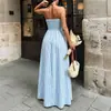 Venda Quente Transfronteiriça Europeia e Americana Novo Vestido de Férias Verão 2026 Decote em V Profundo Listrado Costas Abertas Sem Mangas Gola Halter Longo