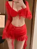 Renda de Flor Vermelha Slim Sexy Verão Franzido Vermelho Peito Pequeno Quadril Menina Biquíni Quatro Peças Vazado